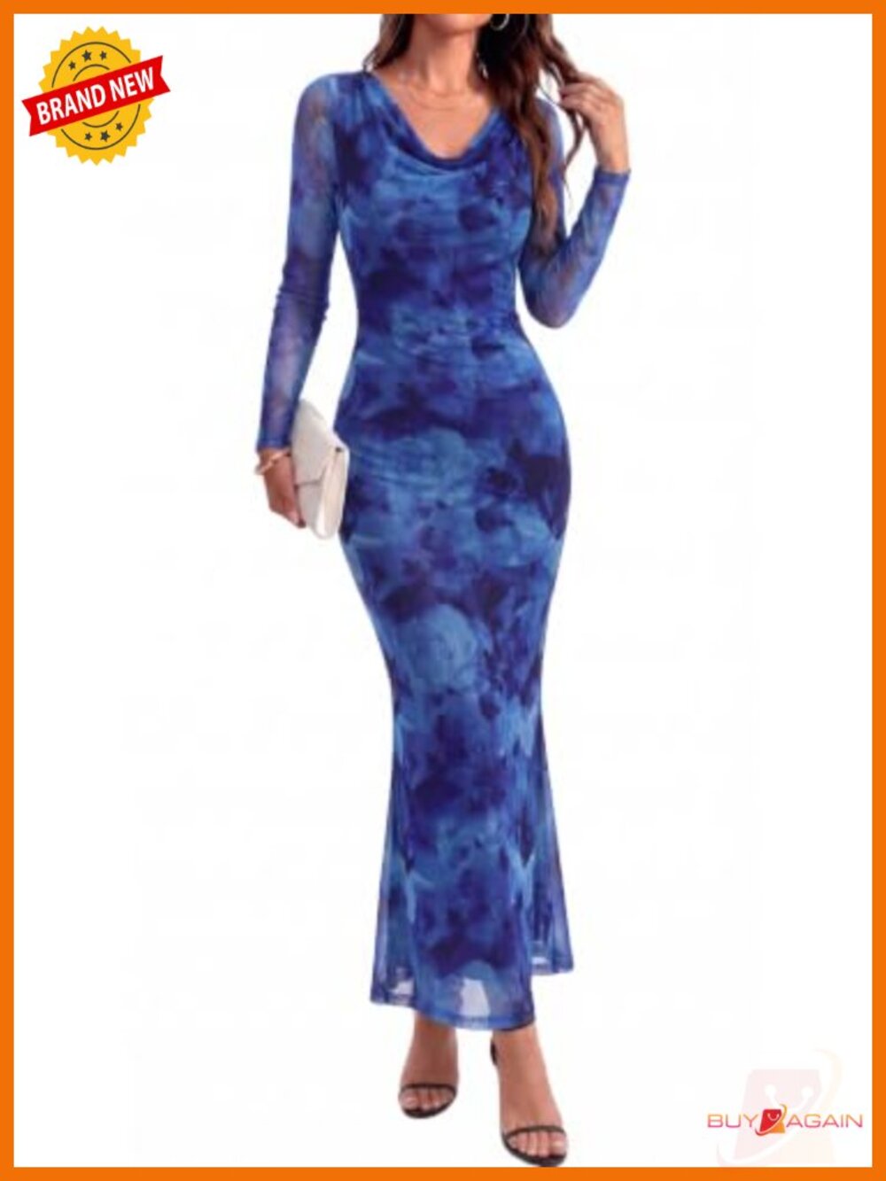 Long Sleeve Floral Wedding Guest Maxi Dress Cowl Neck Mermaid Bodycon